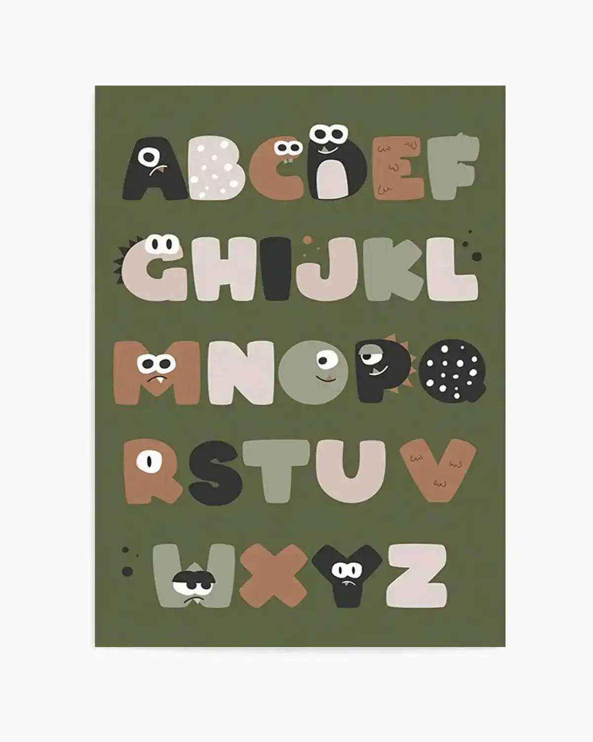 Monster Alphabet | Khaki Art Print from Olive et Oriel where you can shop wallpaper and artworks online