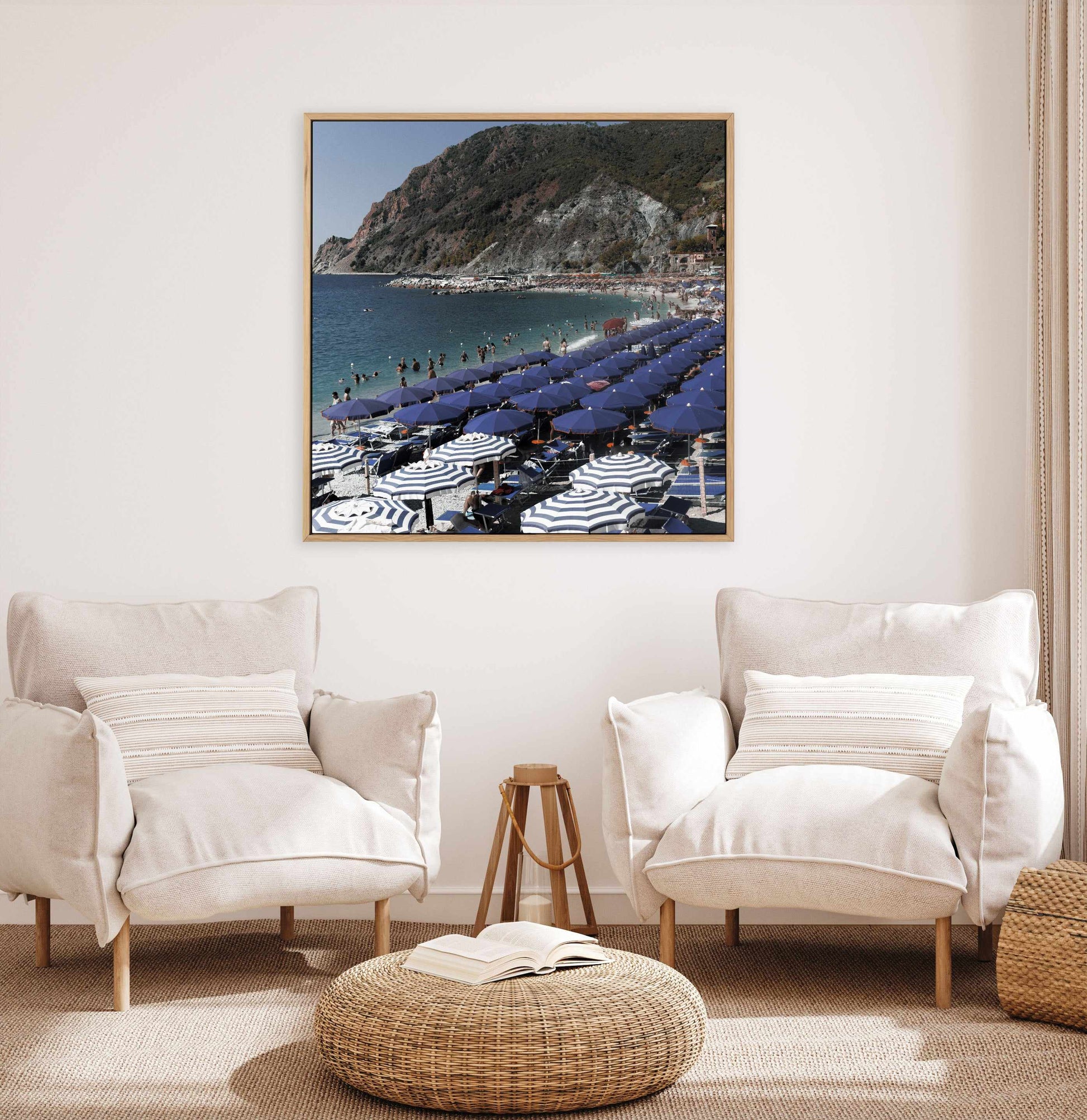 Monterosso Blue Umbrellas | Framed Canvas Art Print from Olive et Oriel where you can shop wallpaper and artworks online