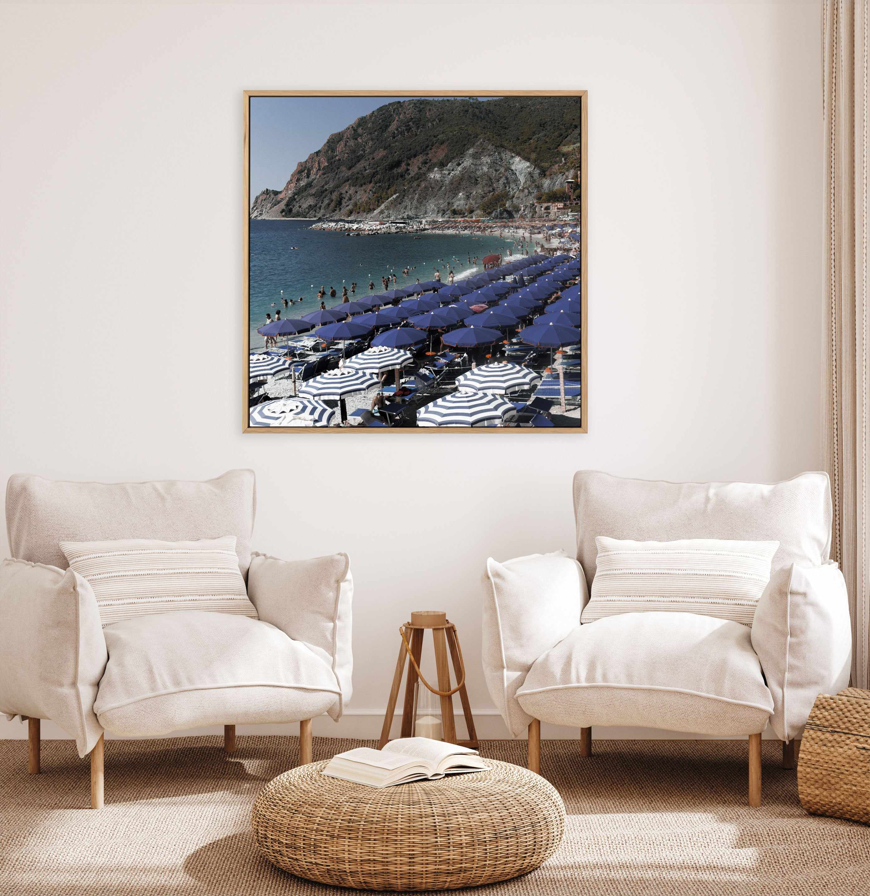 Monterosso Blue Umbrellas | Framed Canvas Art Print from Olive et Oriel where you can shop wallpaper and artworks online