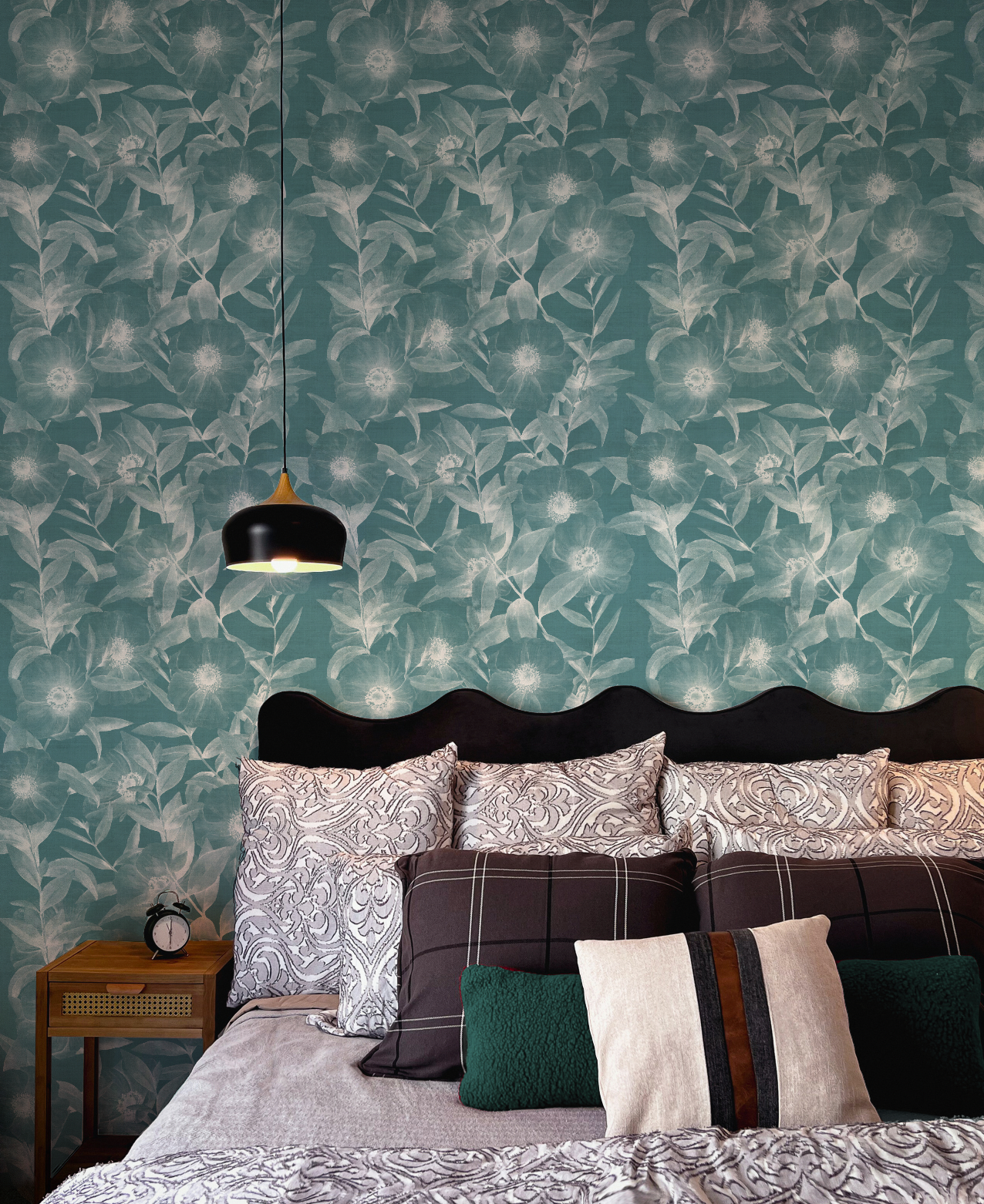 Moody Florals Deep Teal Blue Wallpaper