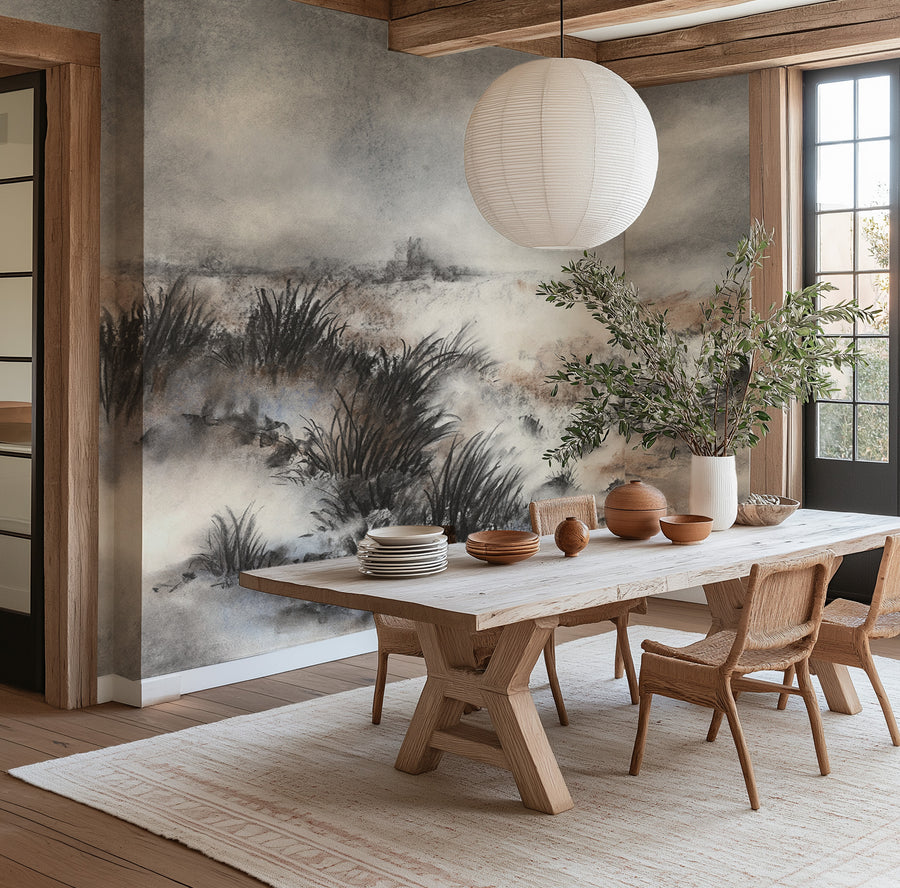 Moody Seagrass Panoramic Painted Mural Wallpaper from Olive et Oriel where you can shop wallpaper and artworks online