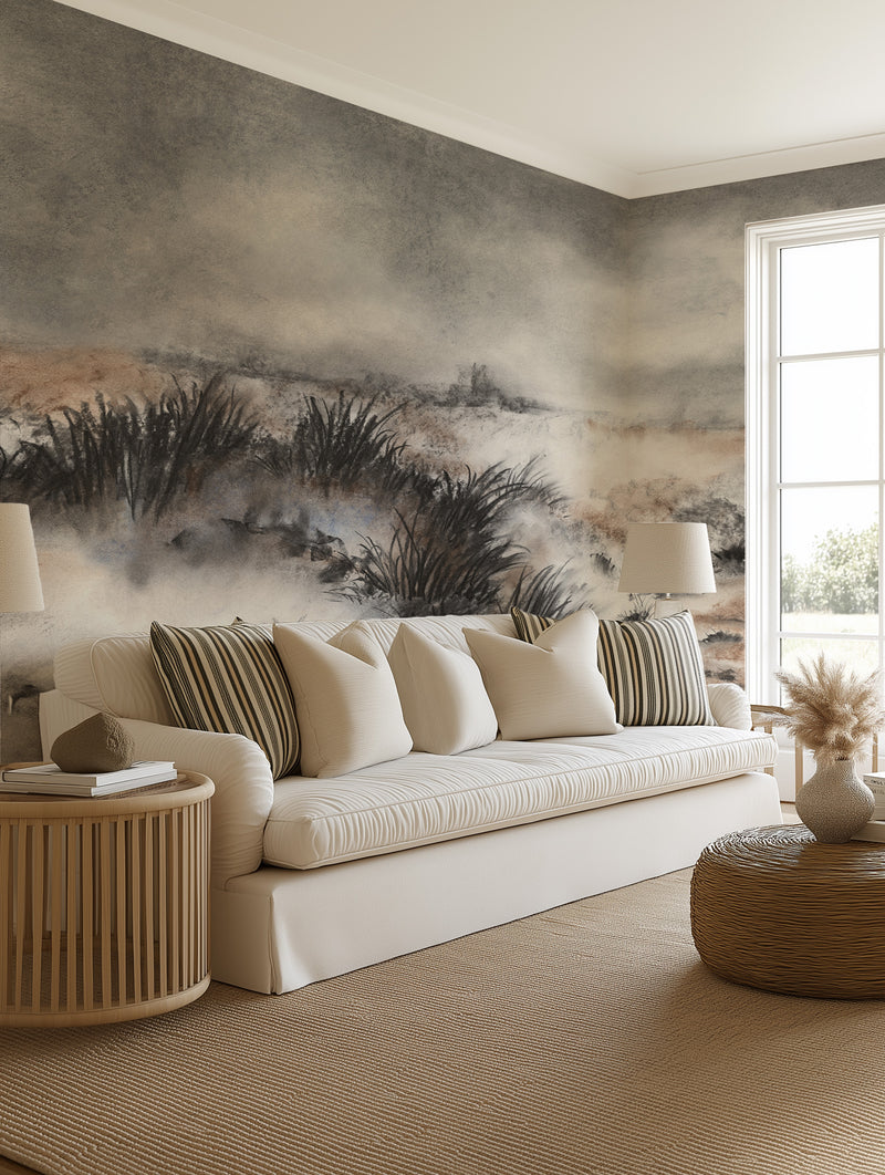 Moody Seagrass Panoramic Painted Mural Wallpaper from Olive et Oriel where you can shop wallpaper and artworks online