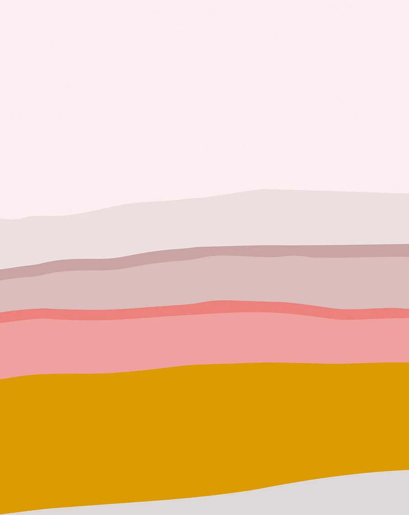 Peel and stick wallpaper featuring an abstract landscape design with horizontal, wavy bands of color. The top section is a pale, soft pink, followed by a light beige, then a slightly darker muted rose, a vibrant coral pink, a warm mustard yellow, and a light grey at the bottom. The colors are solid with a subtle, textured finish, creating a serene, layered effect.