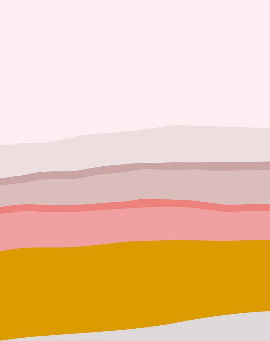 Peel and stick wallpaper featuring an abstract landscape design with horizontal, wavy bands of color. The top section is a pale, soft pink, followed by a light beige, then a slightly darker muted rose, a vibrant coral pink, a warm mustard yellow, and a light grey at the bottom. The colors are solid with a subtle, textured finish, creating a serene, layered effect.