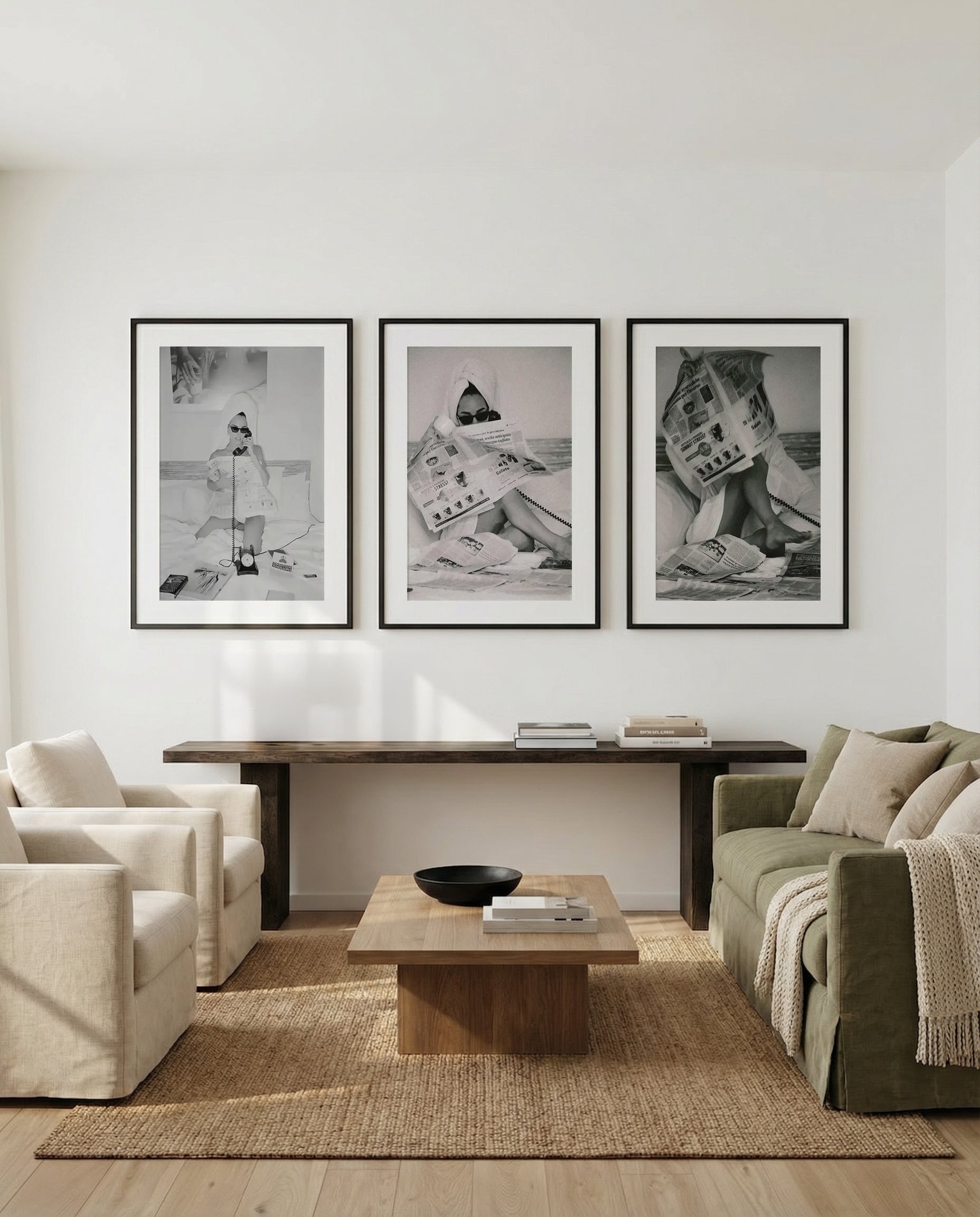 Morning Checklist I, II & III by Mario Stefanelli | 3 Piece Wall Art Set in Black and White art print oak frame with white...