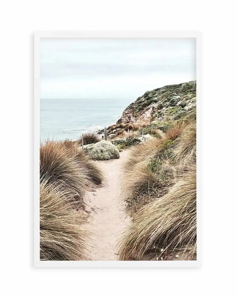 Framed photograph of a coastal path leading to the ocean, displayed in a white frame with a white border. The sandy path is flanked by tall, dry grasses and low-lying green shrubs. In the background, a rocky cliff covered in sparse vegetation meets the calm, light blue ocean under a soft, overcast sky.