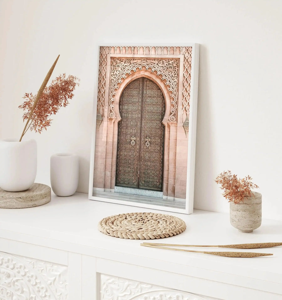 Moroccan Door | Blush Art Print-Shop Australian Art Prints Online with Olive et Oriel - Our collection of Moroccan art prints offer unique wall art including moroccan arches and pink morocco doors of marrakech - this collection will add soft feminine colour to your walls and some may say bohemian style. These traditional morocco landscape photography includes desert scenes of palm trees and camel art prints - there is art on canvas and extra large wall art with fast, free shipping across Austral