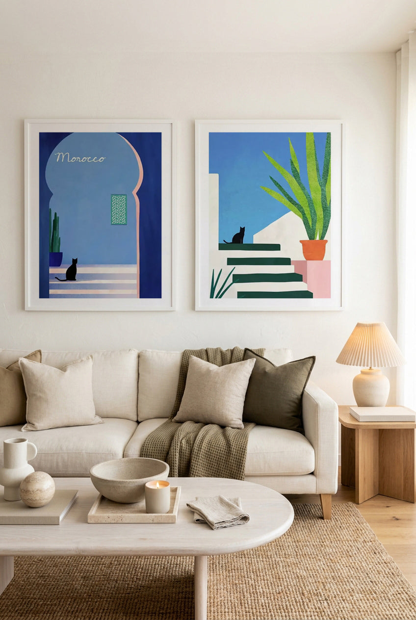 Morocco Cat & Cat Greece Art Print Set of 2 | Matching Wall Art