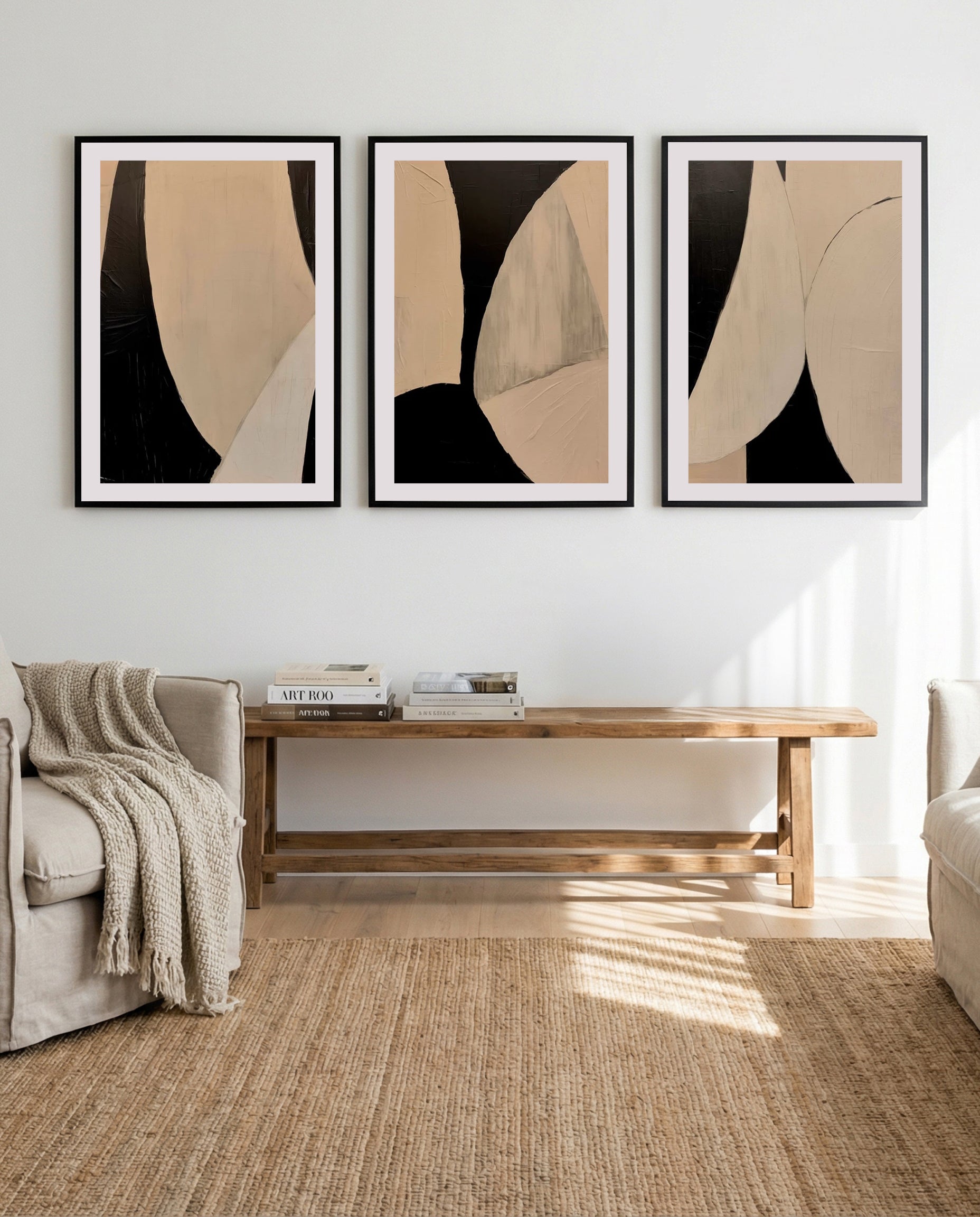 Morph I, II & III | 3 Piece Wall Art Set in Beige and Black abstract art print oak frame with white border