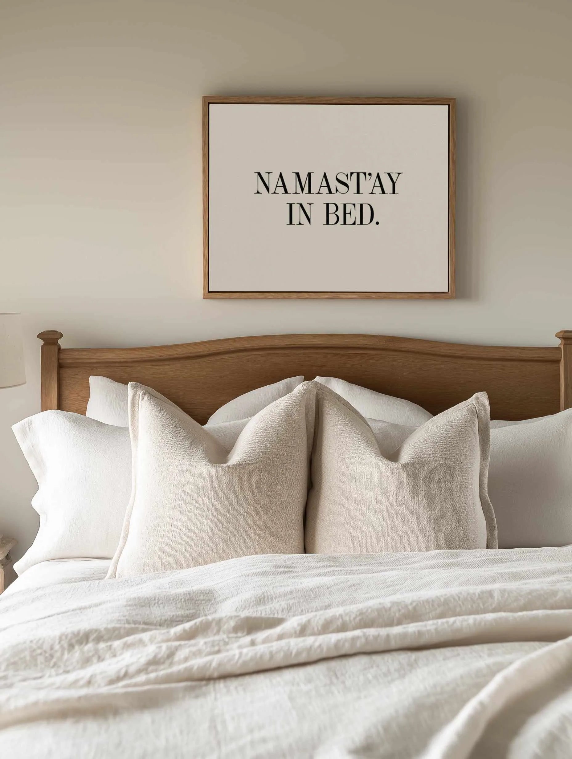 Namastay In Bed | LS | Framed Canvas from Olive et Oriel where you can shop wallpaper and artworks online