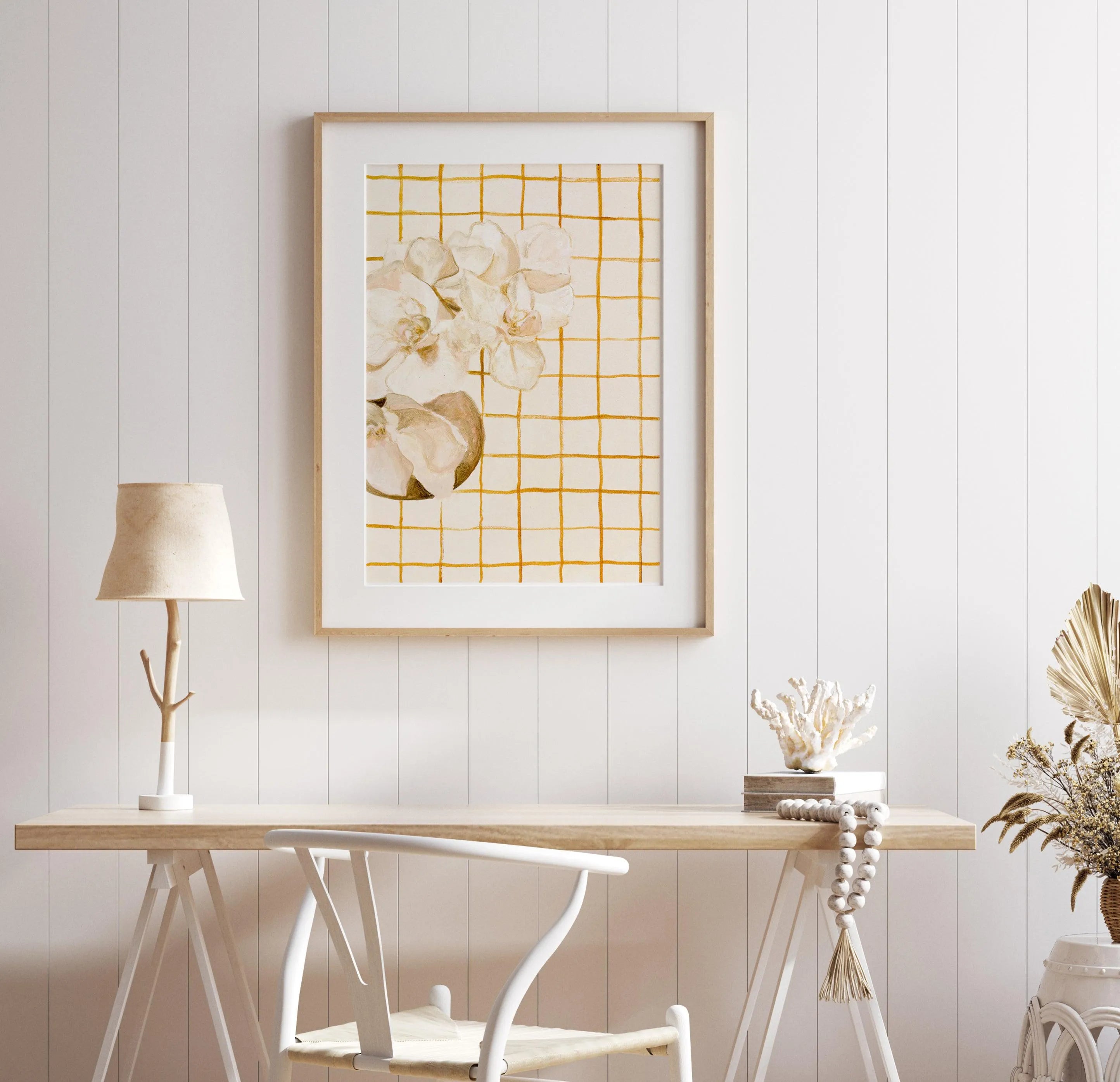 Orchids on Orange Checks by Natalie Jane Art Print from Olive et Oriel where you can shop wallpaper and artworks online