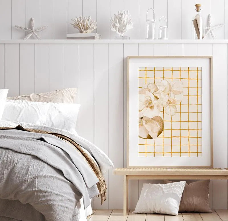 Orchids on Orange Checks by Natalie Jane Art Print from Olive et Oriel where you can shop wallpaper and artworks online