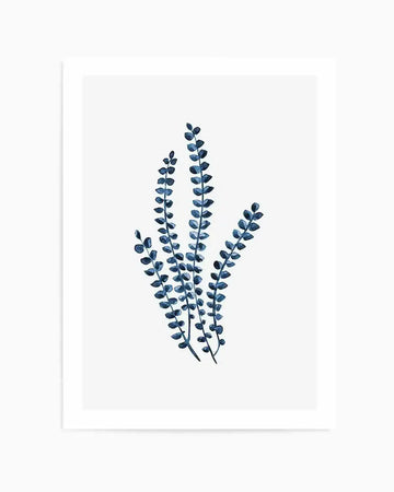 Watercolour art print featuring four vertical strands of small, rounded leaves in varying shades of deep blue and teal, resembling seaweed or a "Neptune's Necklace" plant, on a clean white background.