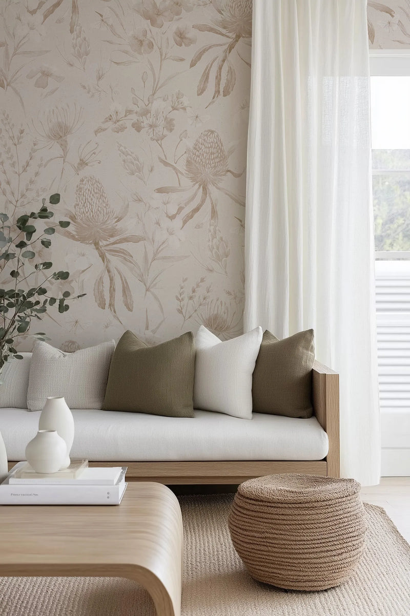Neutral Banksia Wallpaper Mural from Olive et Oriel where you can shop wallpaper and artworks online