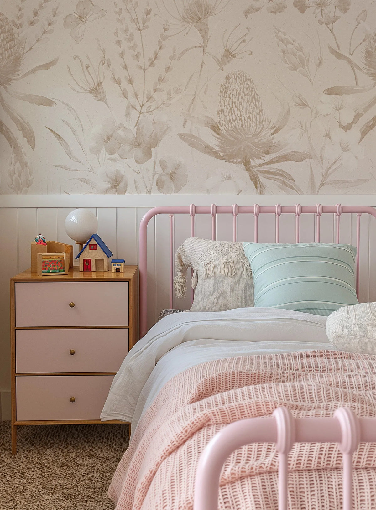 Neutral Banksia Wallpaper Mural from Olive et Oriel where you can shop wallpaper and artworks online