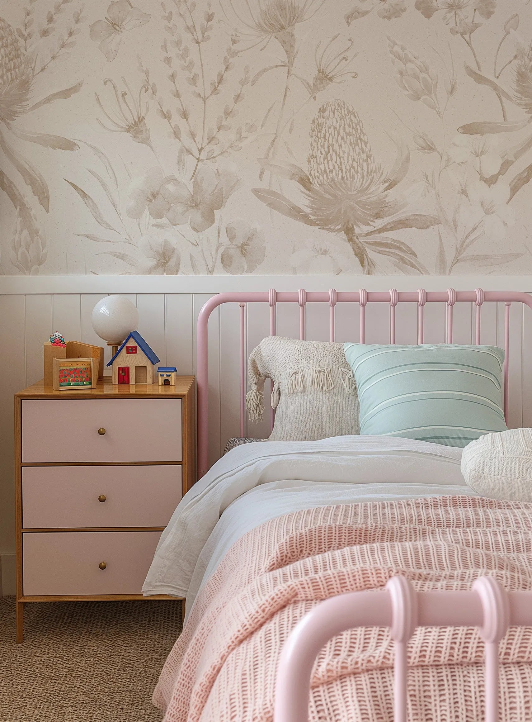 Neutral Banksia Wallpaper Mural from Olive et Oriel where you can shop wallpaper and artworks online