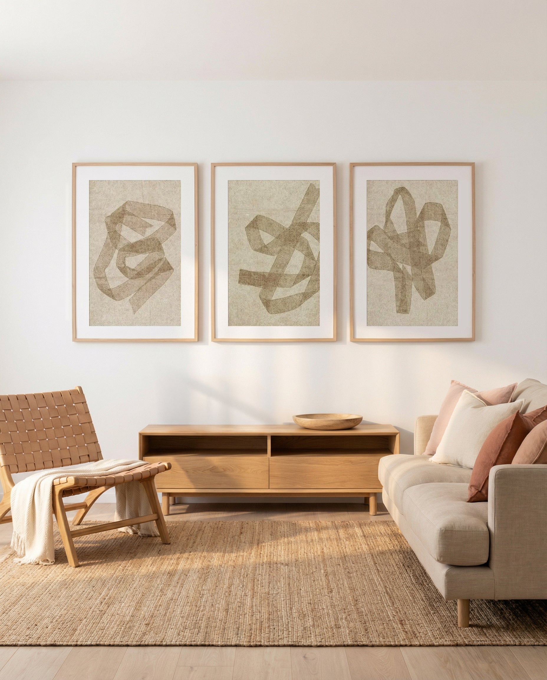 Neutral Form I, II & III | 3 Piece Wall Art Set in Brown art print oak frame with white border