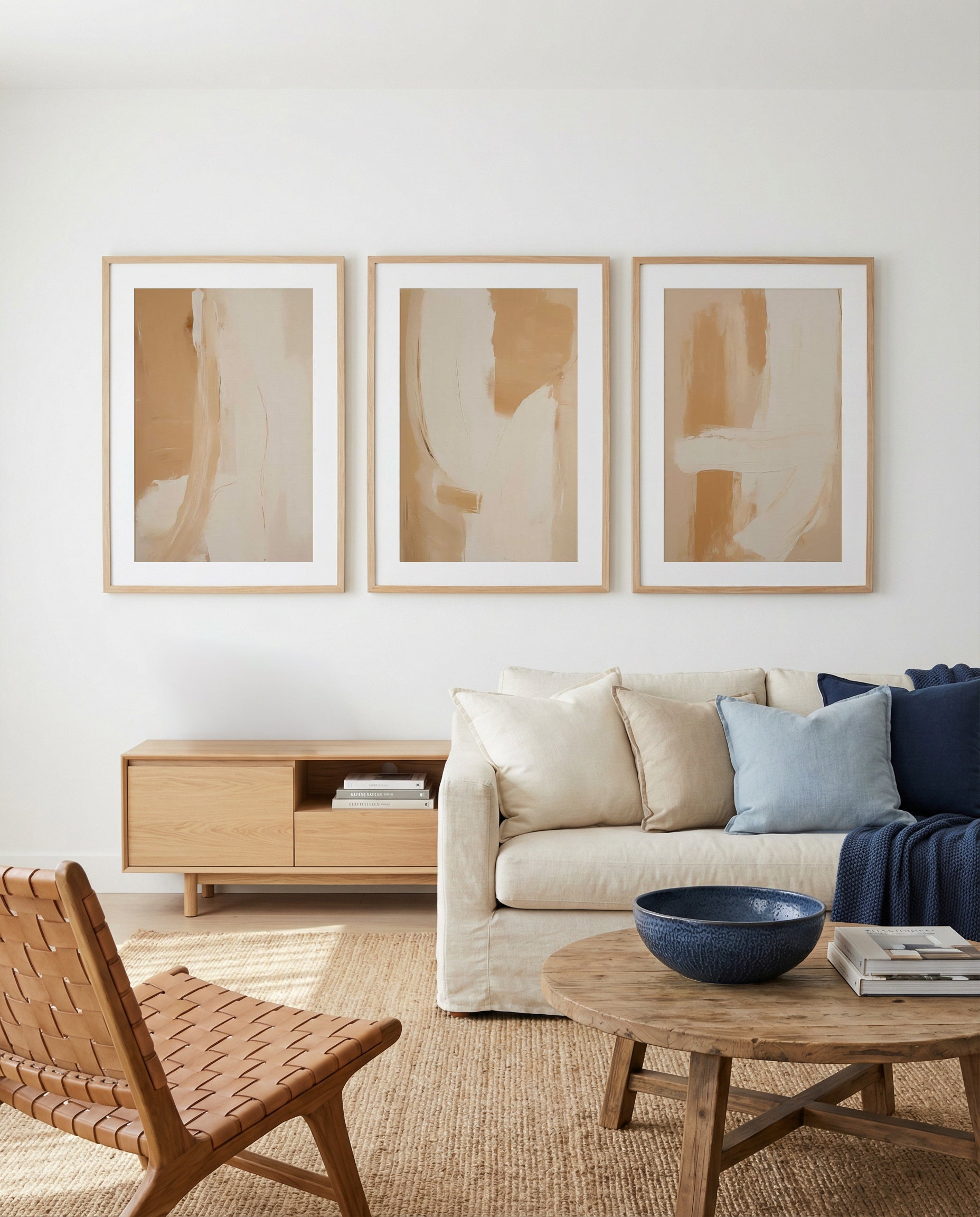 Neutral Moves I, II & III | 3 Piece Wall Art Set in Beige abstract art print oak frame with white border