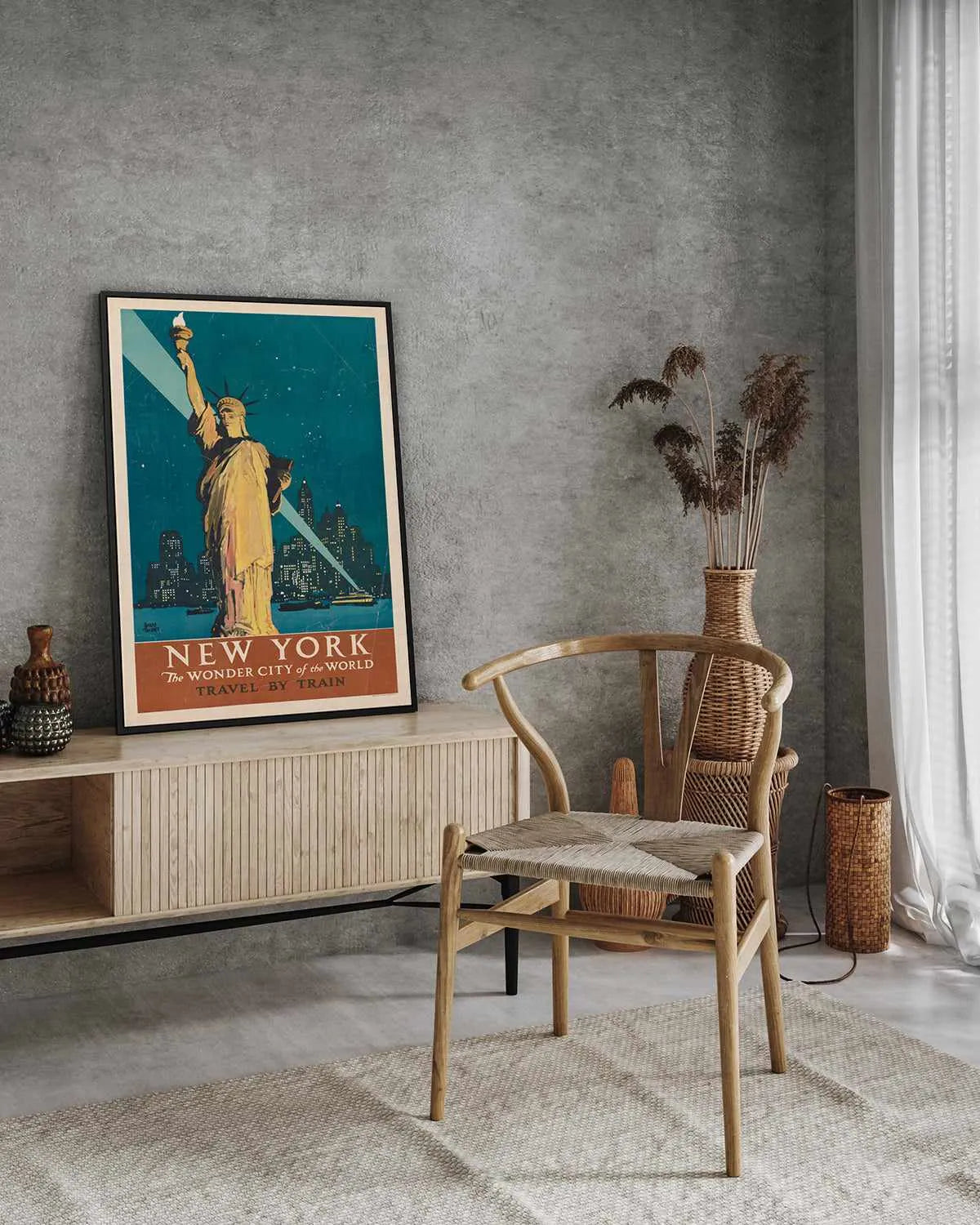 New York Statue of Liberty Vintage Travel Poster | Framed Canvas Art Print from Olive et Oriel where you can shop wallpaper and artworks online
