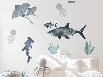 Kids Wall Decals like this under the ocean theme, featuring sharks, jelly fish and sting rays are the perfect way to enhance an ocean themed nursery wall with decor.