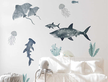 Explore fun Kids Wall Decals like this under the ocean theme, featuring sharks, jelly fish and sting rays. Perfect for use as ocean themed nursery decor