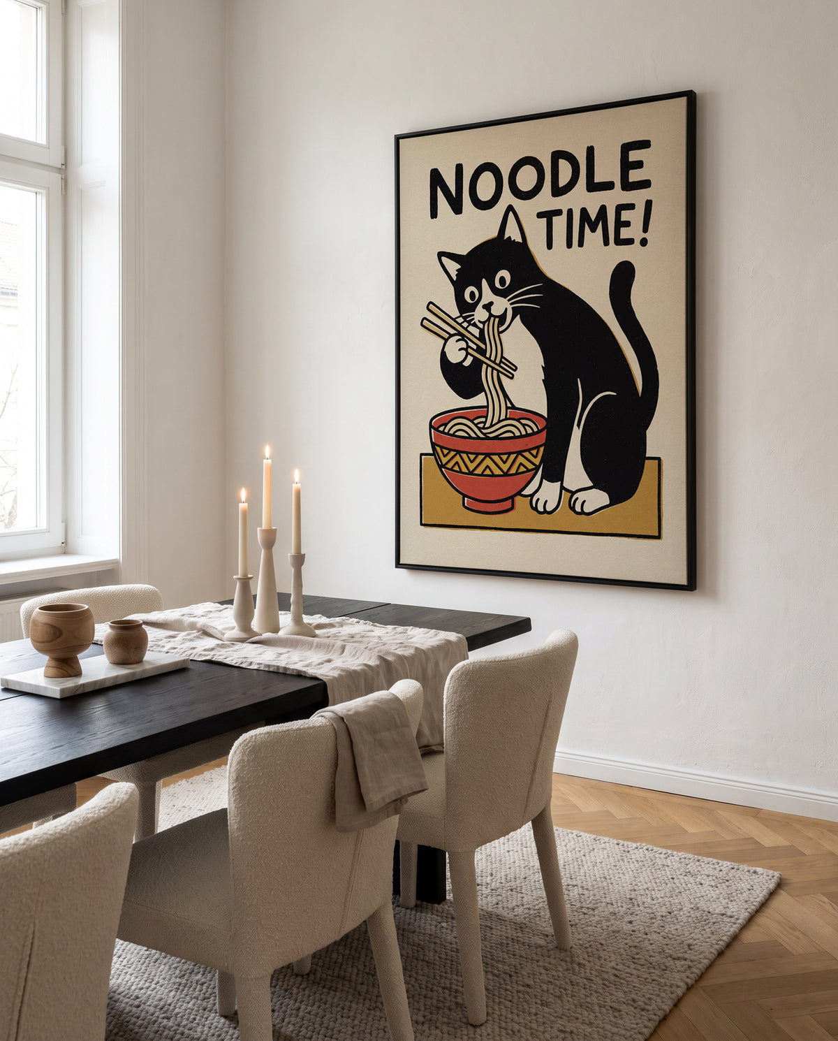 Noodle Time Cat by Andreas Magnusson | Framed Canvas Art Print