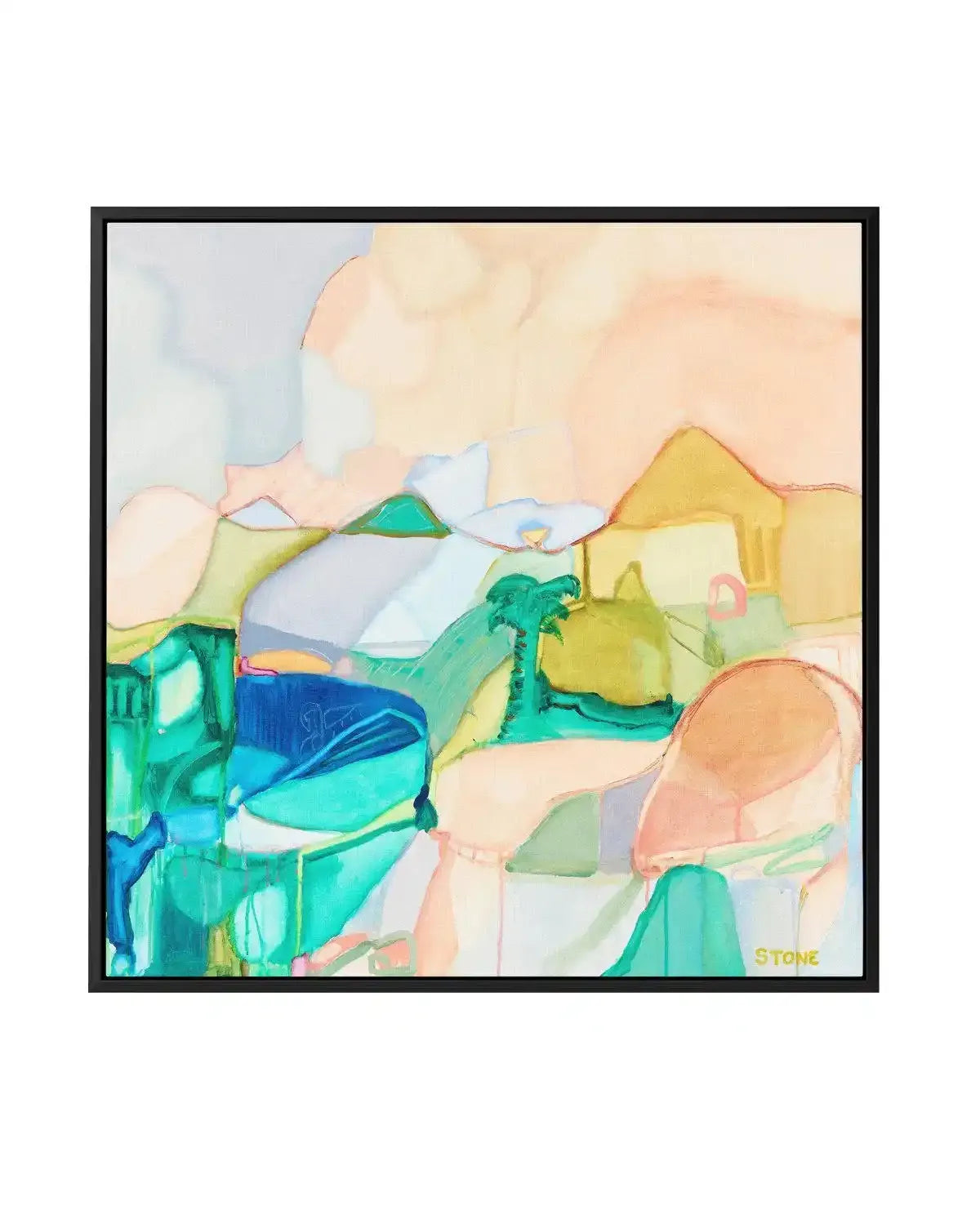 Abstract canvas print featuring a vibrant, fluid composition of organic shapes and brushstrokes in a palette of teal, emerald green, pale peach, soft yellow, and light blue, suggestive of a tropical landscape with palm trees and water, displayed in a black floating frame.