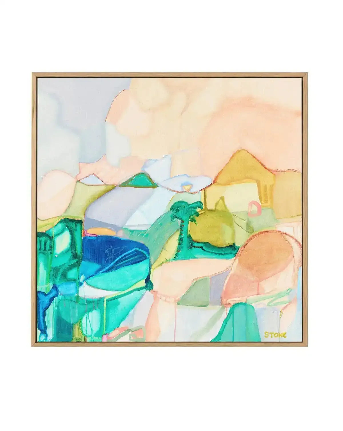 Abstract canvas print featuring a vibrant, fluid landscape with soft, organic shapes in shades of teal, emerald green, pale blue, peach, and mustard yellow, suggestive of hills and water, with a natural oak frame.