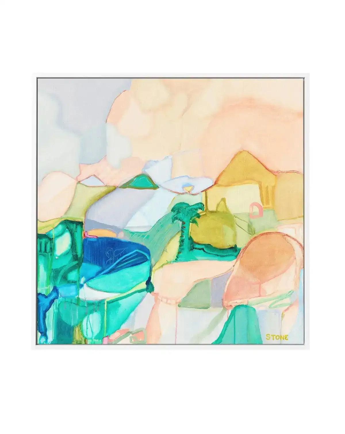 Abstract canvas print featuring organic shapes in a soft, muted palette of peach, pale yellow, mint green, and sky blue, with visible brushstrokes and a painterly texture, displayed in a white frame.