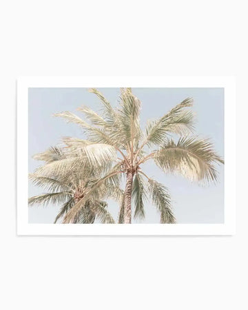 Photography art print featuring two palm trees with light green and beige fronds against a pale blue sky, printed on fine art paper with a matte finish.