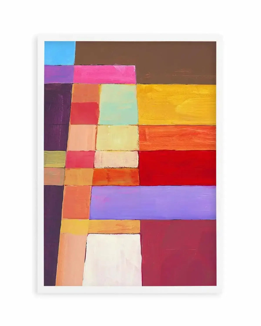 Abstract art print featuring a grid-like composition of various sized rectangular and square blocks of colour in a painterly style. Colours include bright blue, dark brown, hot pink, deep purple, peach, mint green, yellow, orange, red, lavender, and maroon, with visible brushstroke texture.