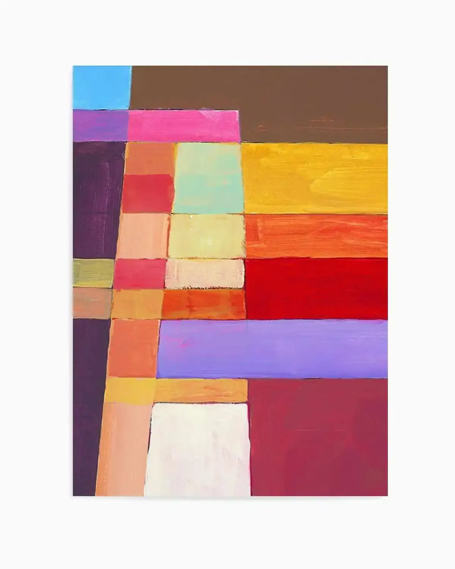 Abstract art print featuring a grid of rectangular blocks in various sizes and colours, creating a dynamic, fragmented composition. The colours include bright blue, brown, hot pink, purple, dark plum, orange, light green, pale yellow, red, peach, and white, with visible brushstroke texture suggesting oil or acrylic paint.