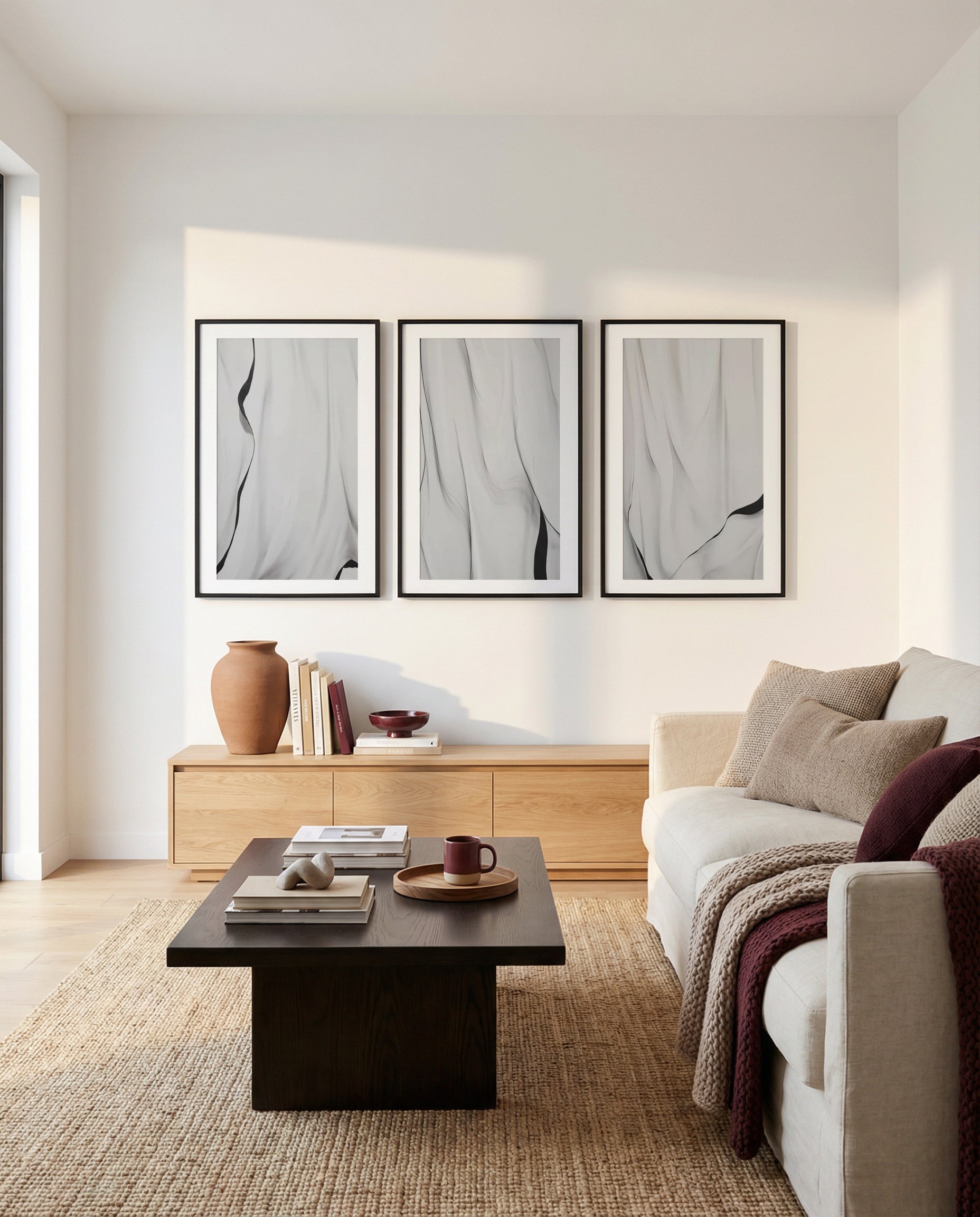 Novetta I, II & III | 3 Piece Wall Art Set in Grey abstract art print oak frame with white border