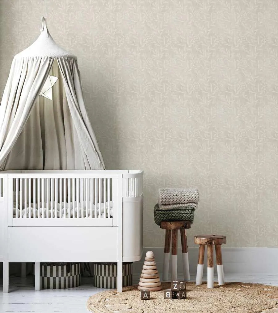 Olive Leaf Wallpaper in Sand as seen in Rachel & Ryan ‘Holiday Home Makeover’ from Olive et Oriel where you can shop wallpaper and artworks online