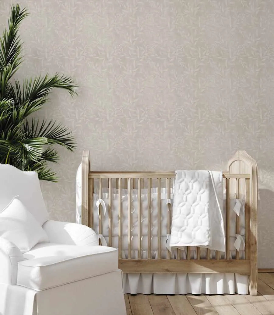 Olive Leaf Wallpaper in Sand as seen in Rachel & Ryan ‘Holiday Home Makeover’ from Olive et Oriel where you can shop wallpaper and artworks online