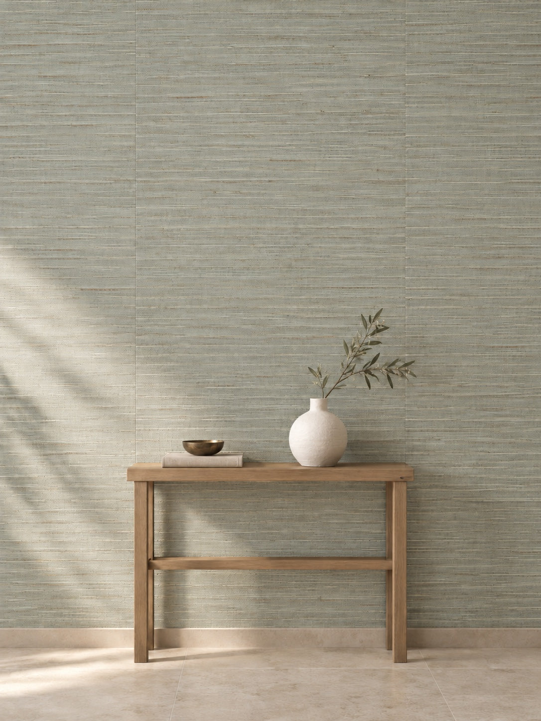 Light Sage Grey Fine Weave Abaca Wallpaper styled room visualisation with subtle flush wallpaper joins, pale oak console and ceramic vase