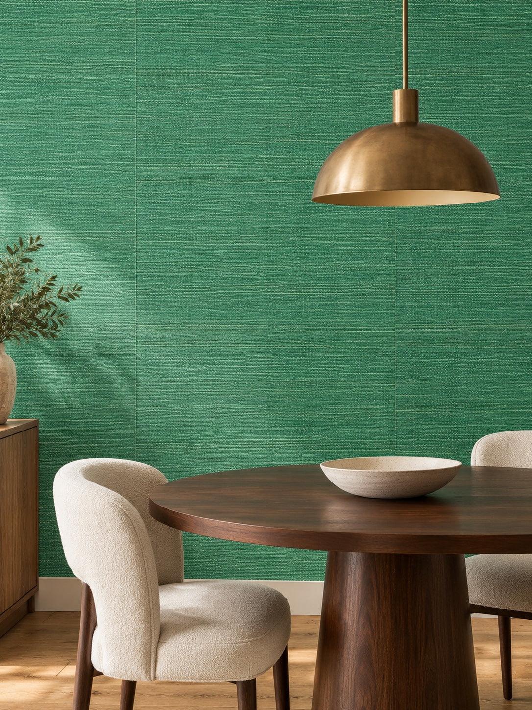Jade Green Textured Abaca Wallpaper — styled jade dining room visualisation with fine woven texture and subtle flush wallpaper joins