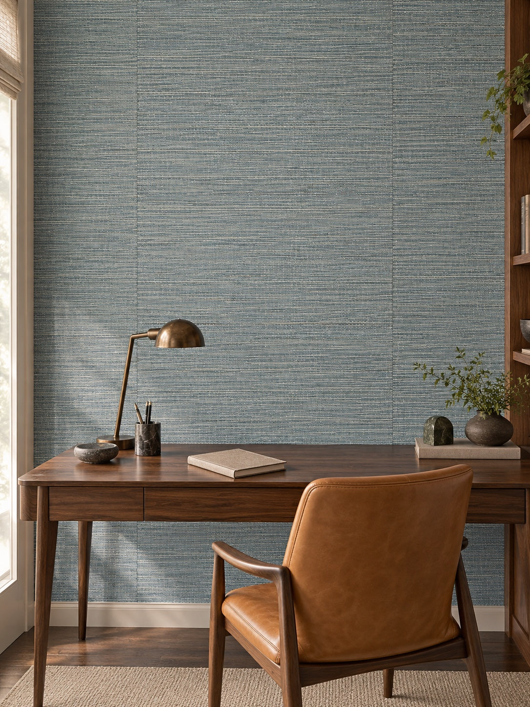 Slate Blue Grey Textured Abaca Wallpaper — styled walnut study visualisation with fine woven texture and subtle flush wallpaper joins