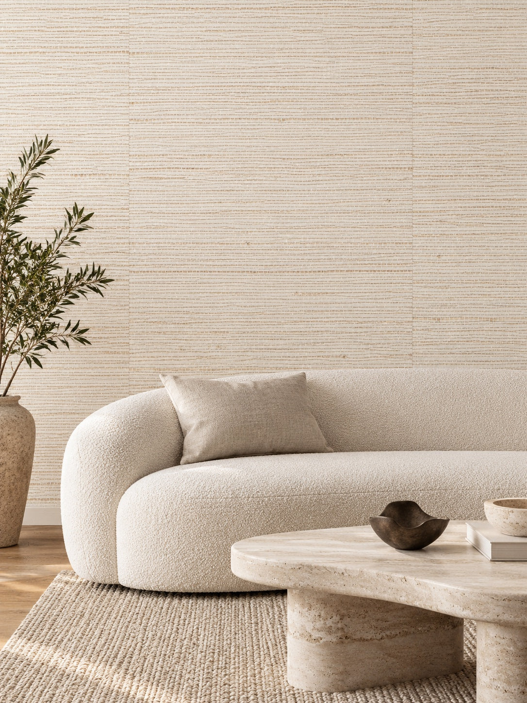 Ivory and Beige Striped Abaca Wallpaper — styled sculptural ivory living room visualisation with fine woven texture and subtle flush wallpaper joins