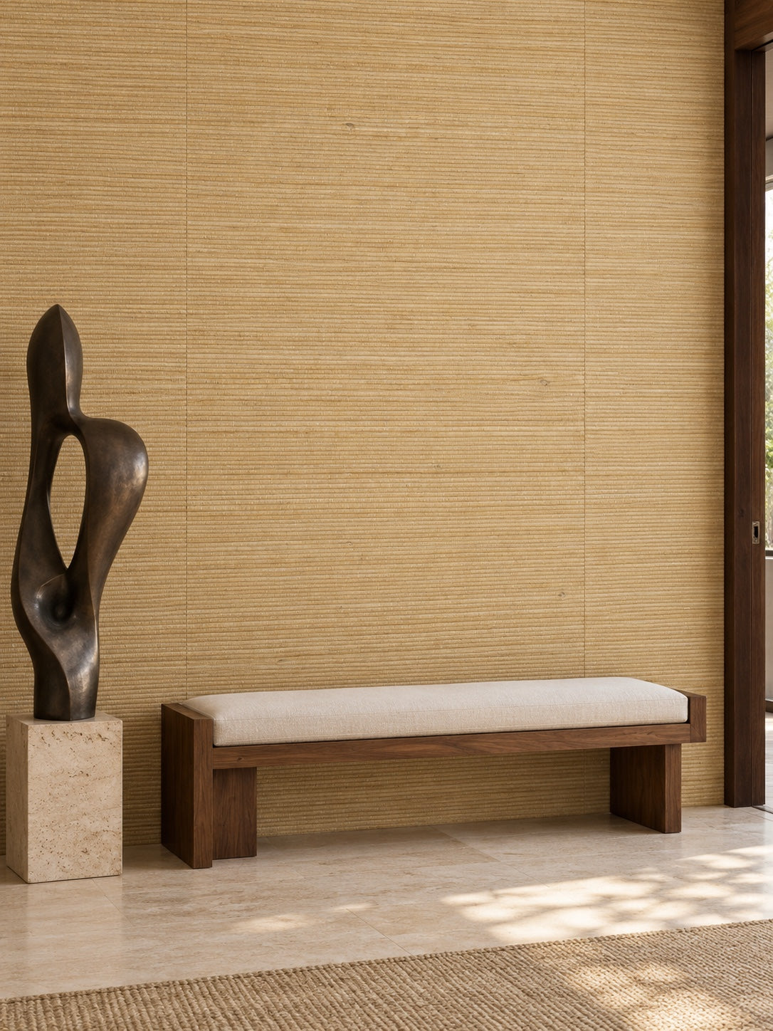 Honey Beige Woven Abaca Wallpaper — styled warm timber entry visualisation with fine woven texture and subtle flush wallpaper joins