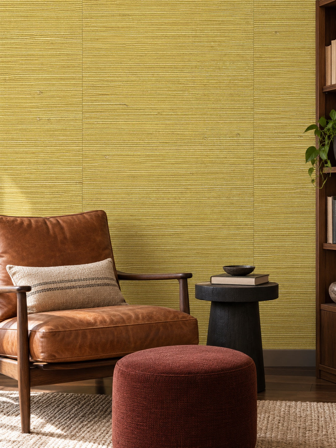 Mustard Yellow Woven Abaca Wallpaper — styled collected library corner visualisation with fine woven texture and subtle flush wallpaper joins