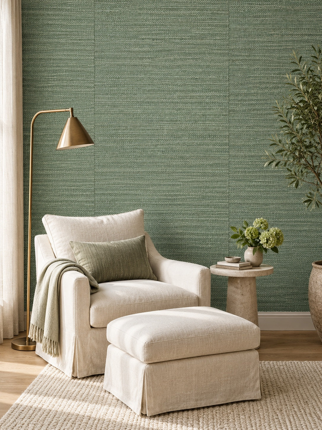 Sage Green Textured Abaca Wallpaper — styled botanical reading room visualisation with fine woven texture and subtle flush wallpaper joins