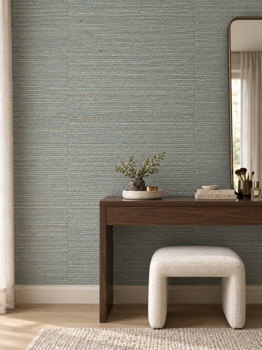 Sage Grey Fine Weave Abaca Wallpaper — styled tailored dressing room visualisation with fine woven texture and subtle flush wallpaper joins