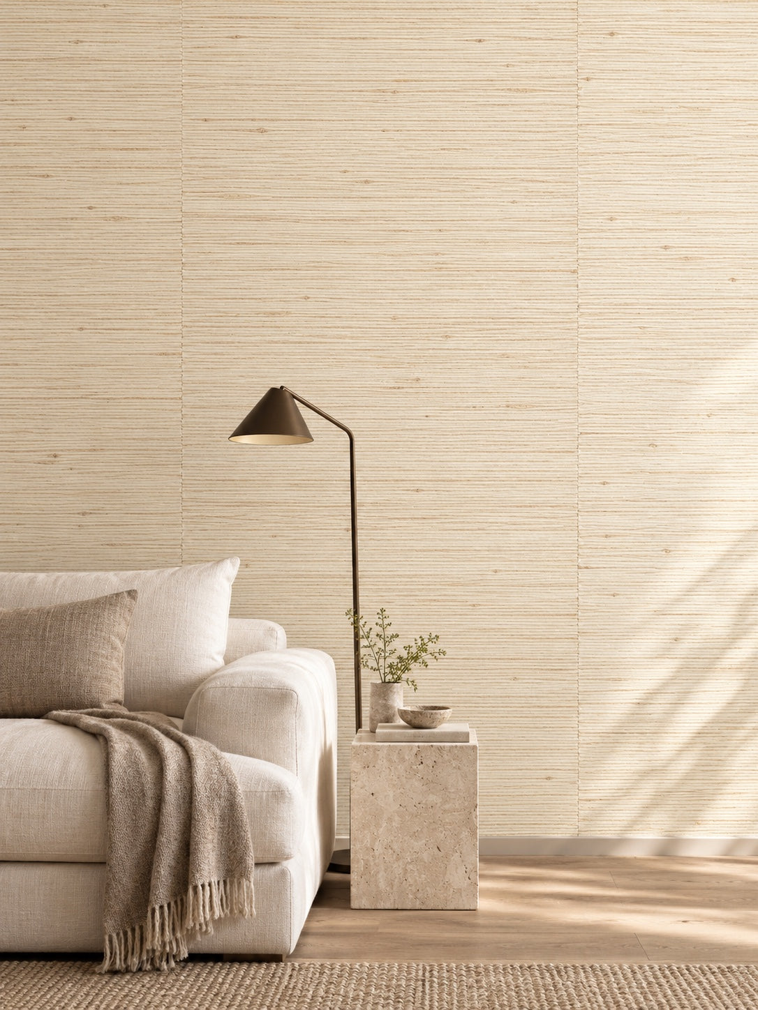 Cream Fine Weave Abaca Wallpaper — styled limestone sitting room visualisation with fine woven texture and subtle flush wallpaper joins