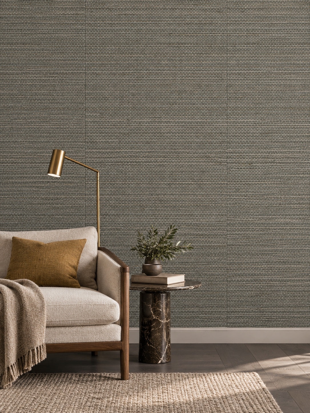 Dark Stone Grey Woven Abaca Wallpaper — styled walnut salon visualisation with fine woven texture and subtle flush wallpaper joins