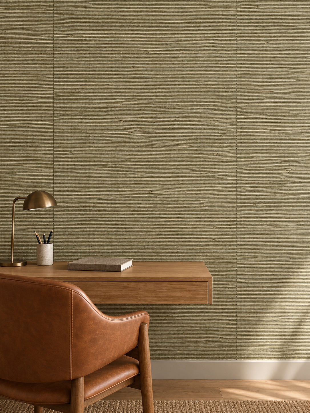 Olive Brown Fine Weave Abaca Wallpaper — styled olive timber study visualisation with fine woven texture and subtle flush wallpaper joins