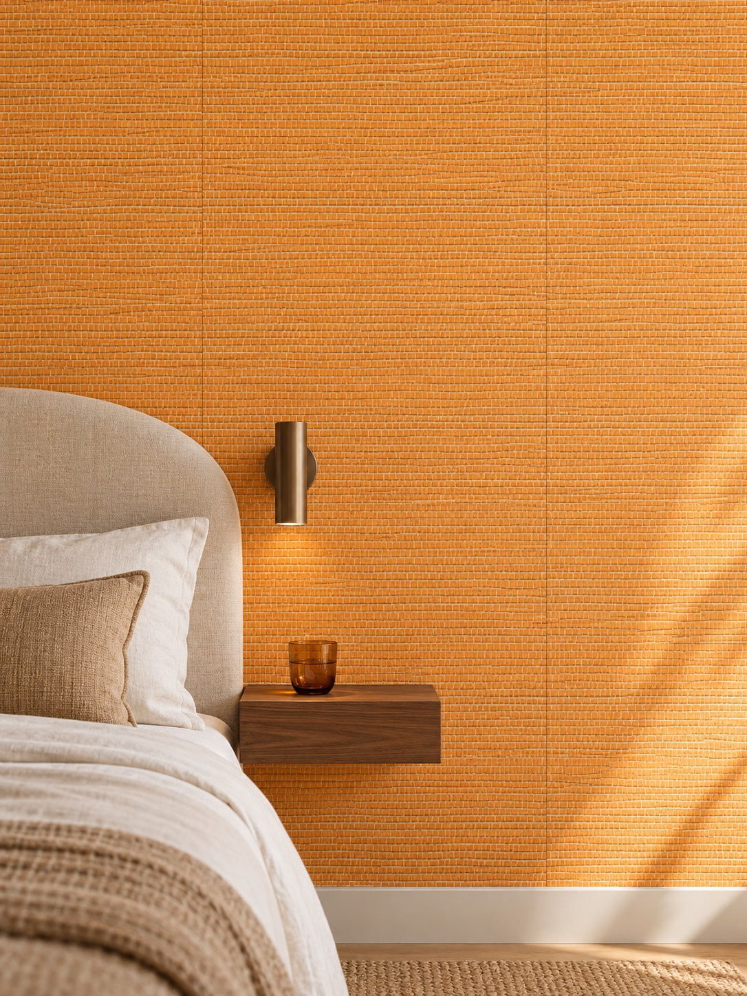 Bright Orange Woven Abaca Wallpaper — styled tailored guest bedroom visualisation with fine woven texture and subtle flush wallpaper joins