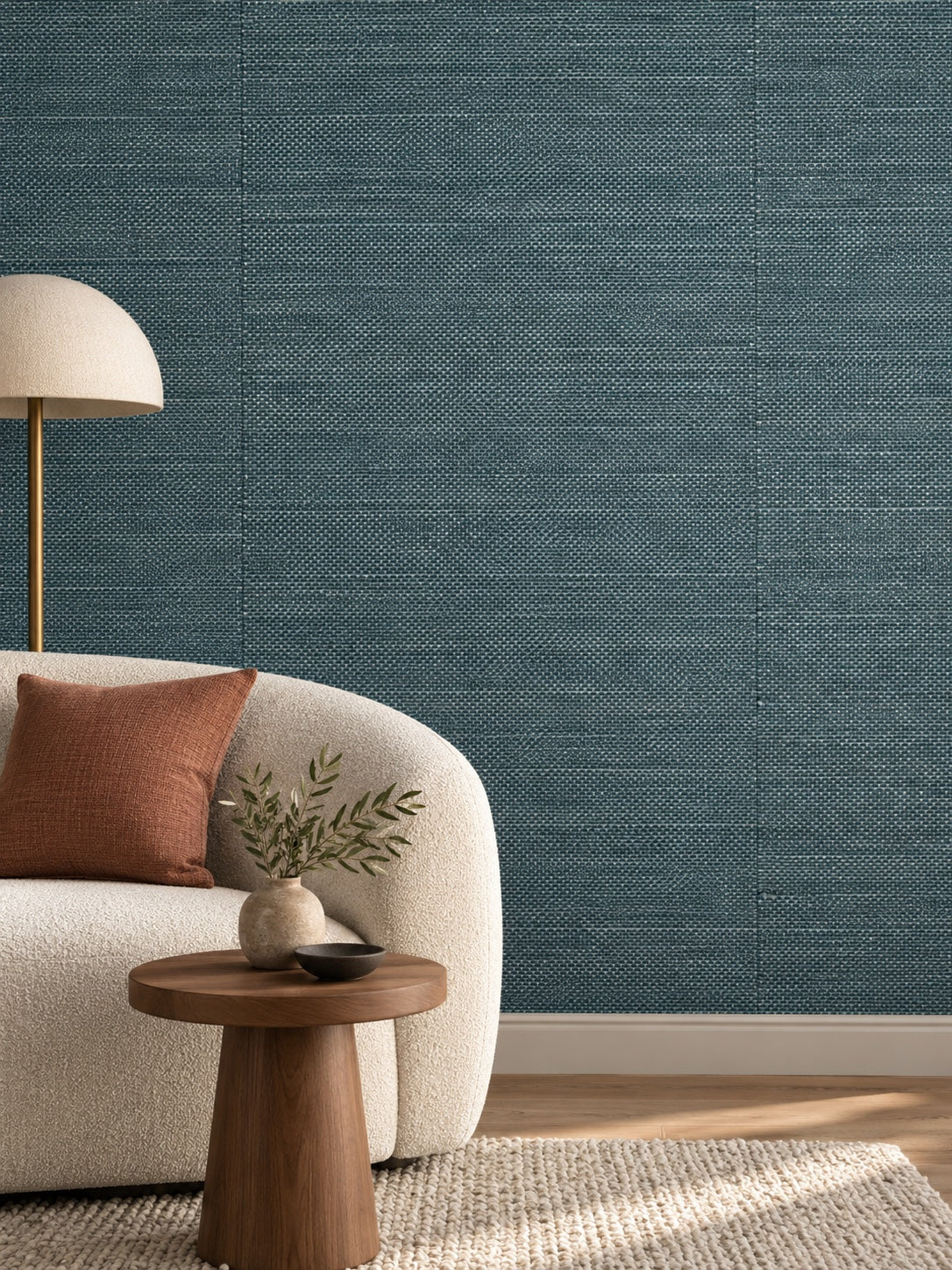 Deep Teal Textured Abaca Wallpaper — styled curved ivory lounge visualisation with fine woven texture and subtle flush wallpaper joins