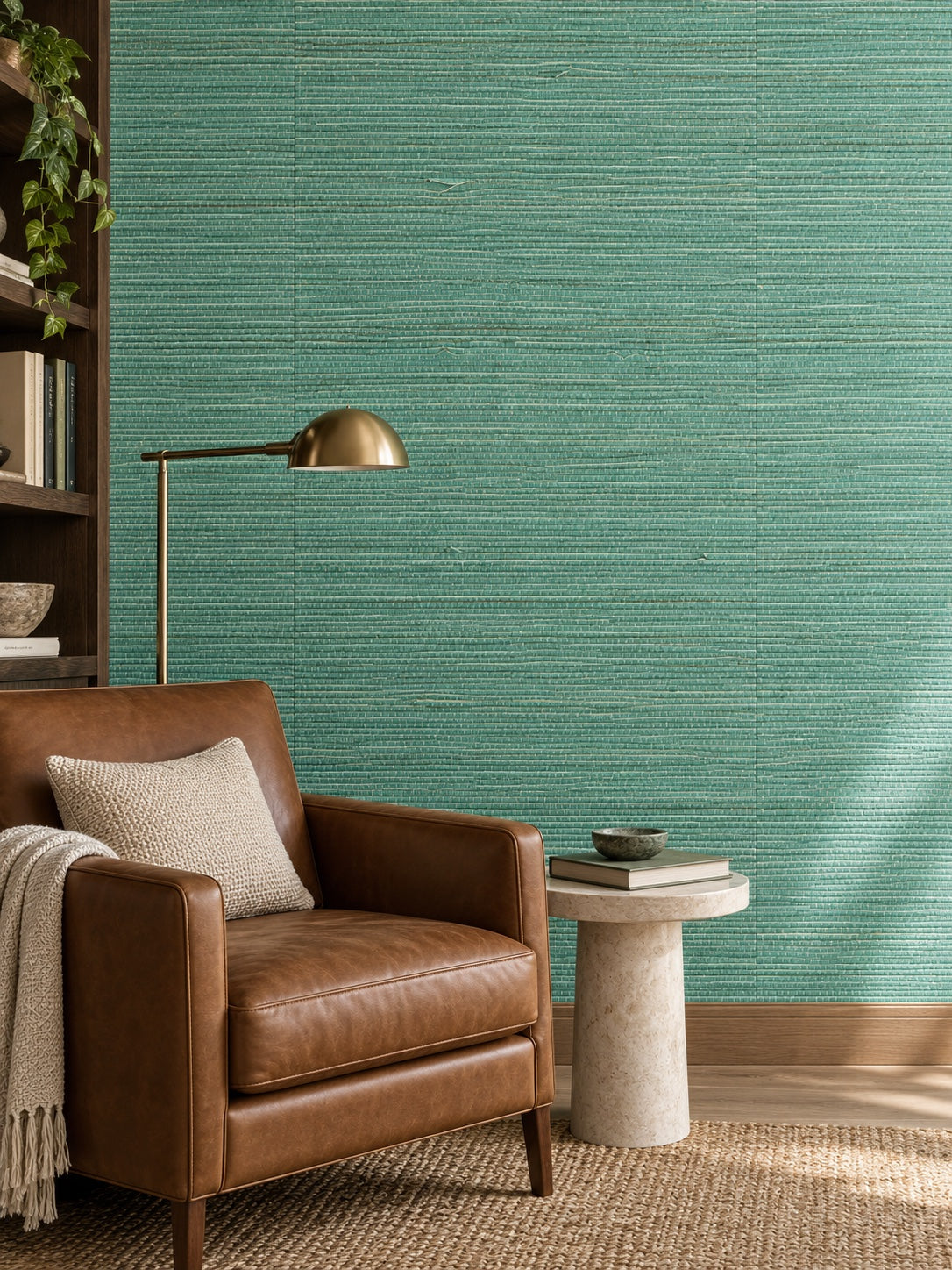 Teal Green Textured Abaca Wallpaper — styled collected library visualisation with fine woven texture and subtle flush wallpaper joins