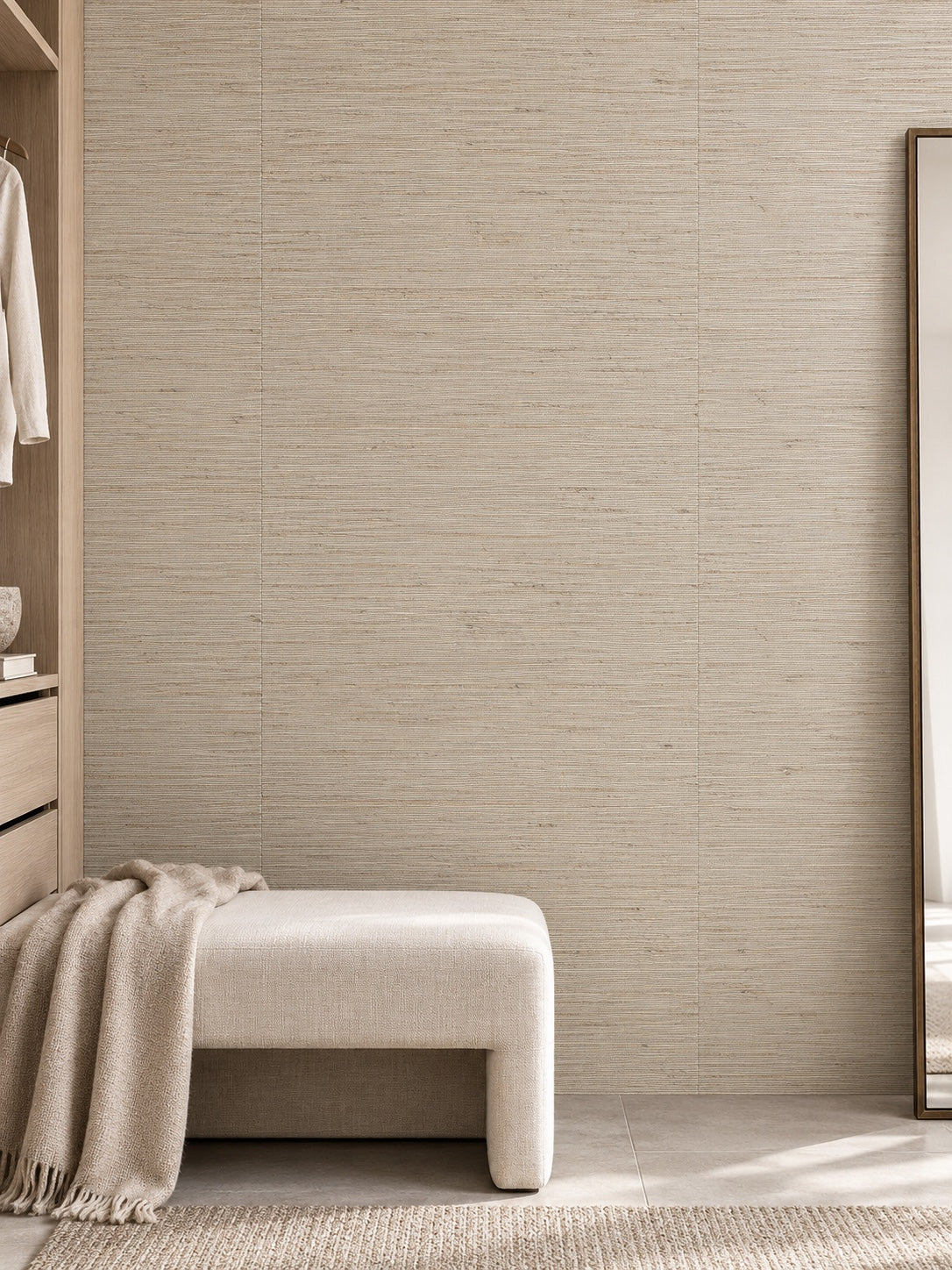 Greige Fine Weave Abaca Wallpaper — styled ash dressing room visualisation with fine woven texture and subtle flush wallpaper joins